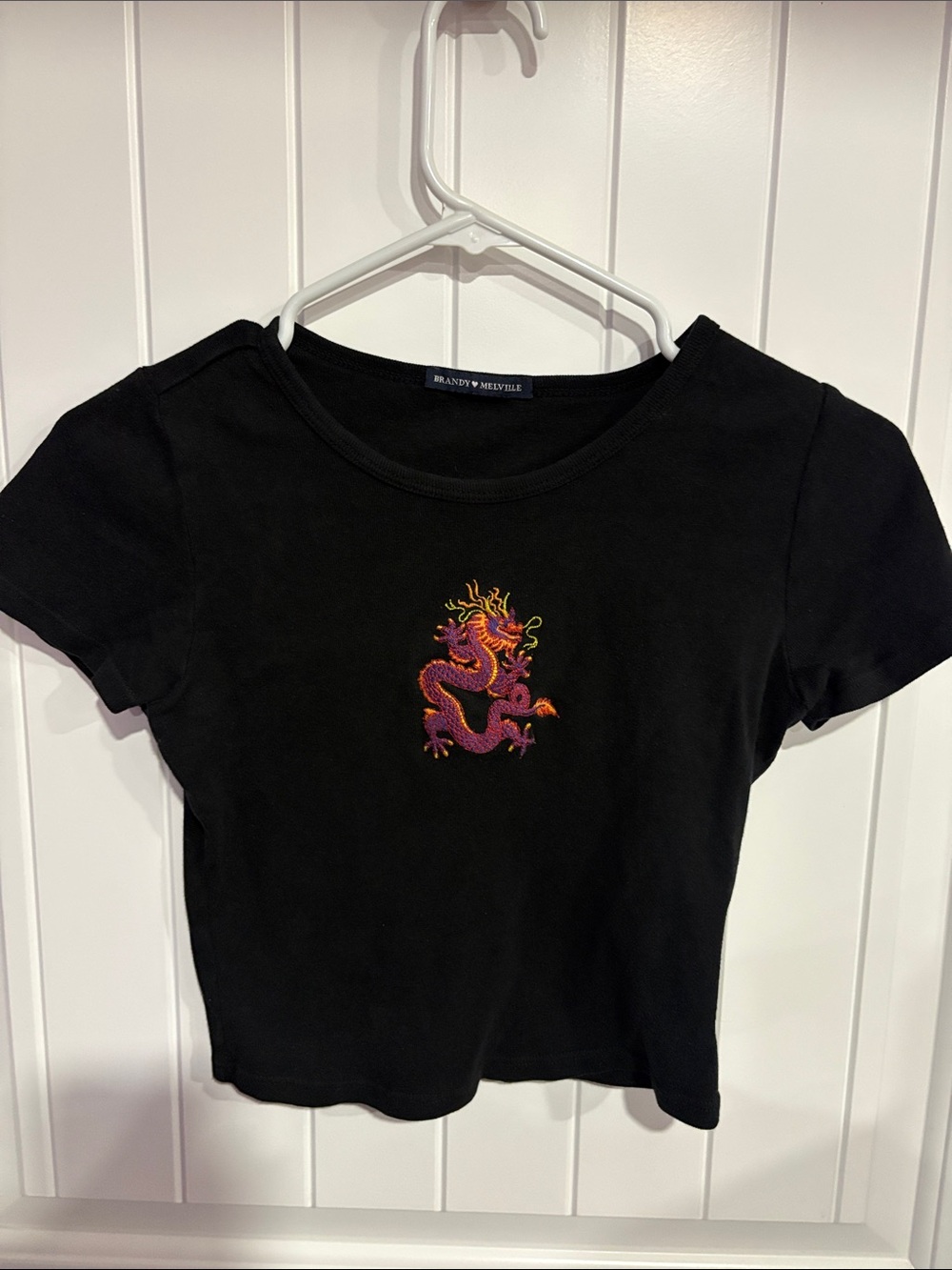 Brandy Melville Black Tee with Pink & Yellow Dragon Patch